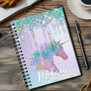 Caderno Espiral Monograma elegante de unicórnio aqua com respingos