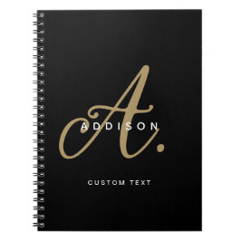 Caderno Espiral Monograma Elegante em Preto e Dourado com Letra Cu