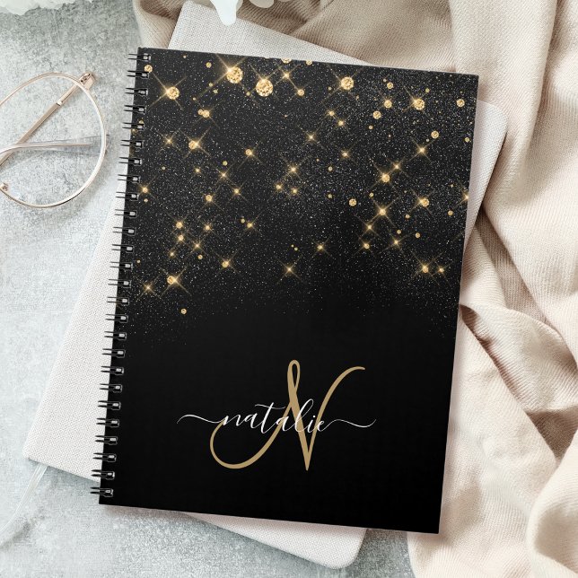 Caderno Espiral Monograma Elegante Glitter Diamond Glitter Dourado (Criador carregado)