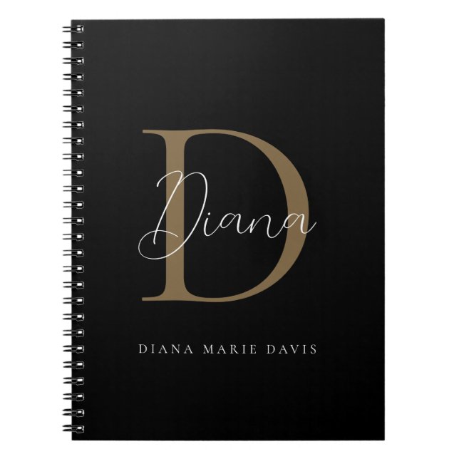 Caderno Espiral Monograma Elegante Midnight Black Dourado Musgoso  (Frente)