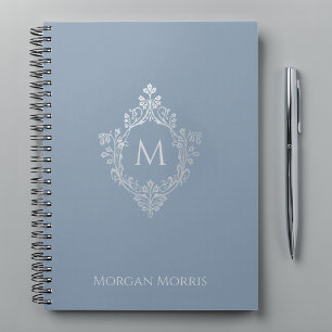 Caderno Espiral Monograma Elegante Pó Azul Crest Vintage e Nome