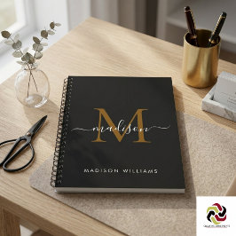Caderno Espiral Monograma Elegante Preto Dourado Escrito Escritóri