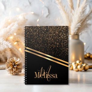 Caderno Espiral Monograma elegante simples Preto e brilho Dourado