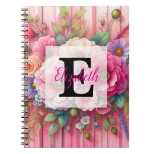 Caderno Espiral Monograma em aquarela flores pastéis em madeira ro