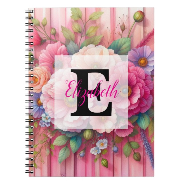 Caderno Espiral Monograma em aquarela flores pastéis em madeira ro (Frente)