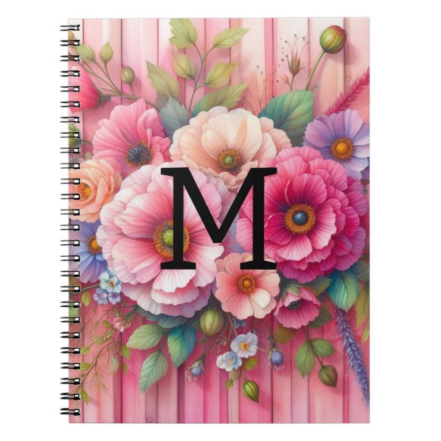 Caderno Espiral Monograma em aquarela pastéis flores em madeira ro (Frente)