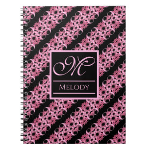 Caderno Espiral Monograma Em Rosa Fractal E Preto