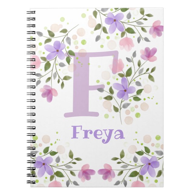Caderno Espiral Monograma F e Nome Freya com Flores (Frente)