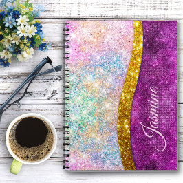 Caderno Espiral Monograma falso brilhante fúcsia dourado iridescen