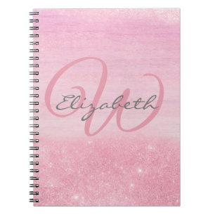 Caderno Espiral Monograma Feminina Rosa Ombre Glitter Suave Brilho