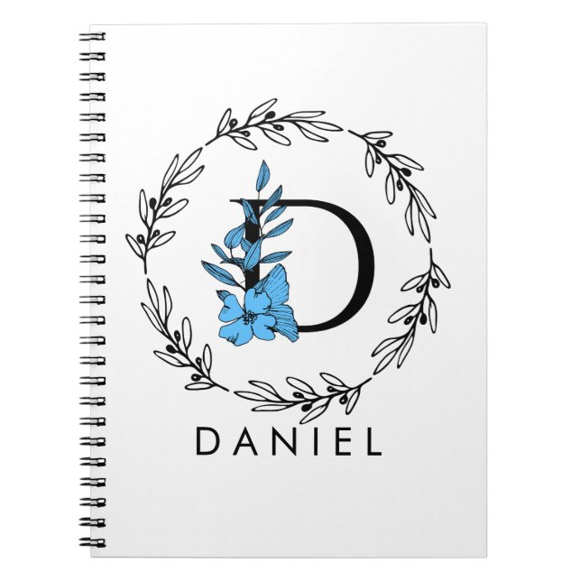 Caderno Espiral Monograma Floral Azul - Notebook Carta D (Frente)