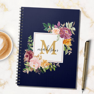 Caderno Espiral Monograma Floral Botânico Rosa Elegante em Aquarel