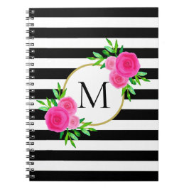 Caderno Espiral Monograma Floral Cor-de-Água Rosa Preto, Listra Br