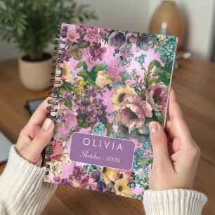 Caderno Espiral Monograma Floral Cor-de-Rosa em Aquarela Vintage