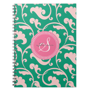 Caderno Espiral Monograma floral cor-de-rosa verde feminino