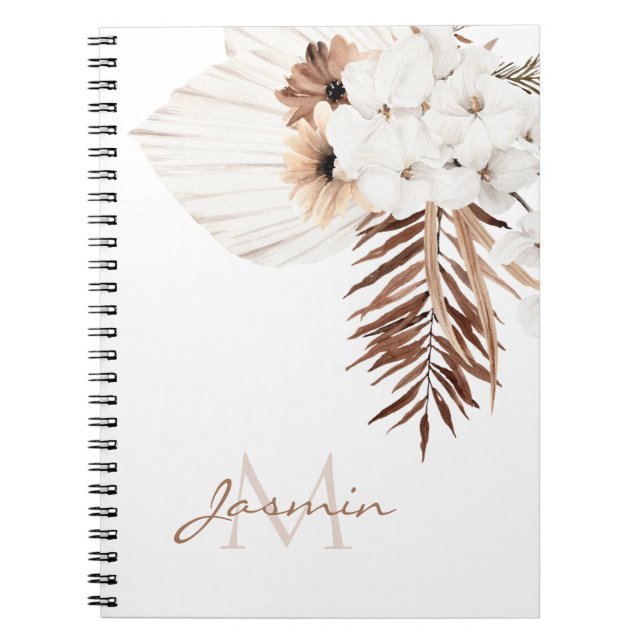 Caderno Espiral Monograma Floral de Grama Pampas Boho Rústico (Frente)