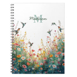 Caderno Espiral Monograma Floral de Pássaros de Aquarela de Primav