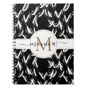 Caderno Espiral Monograma Floral Dourado Preto e Branco