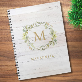 Caderno Espiral Monograma Floral em Aquarela de Madeira Rústica