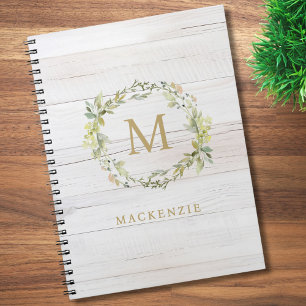 Caderno Espiral Monograma Floral em Aquarela de Madeira Rústica