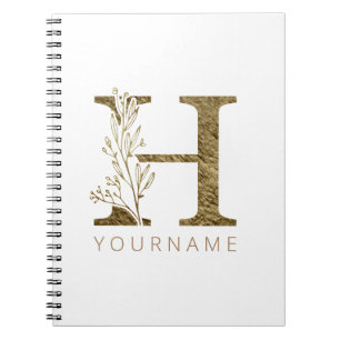 Caderno Espiral Monograma Floral H Folhagem Dourada Elegante