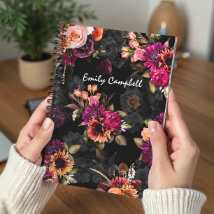 Caderno Espiral Monograma floral laranja fúcsia elegante