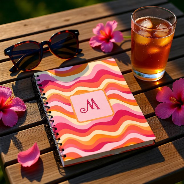 Caderno Espiral Monograma Floral Retro - Flores Rosa e Marrom (Retro Floral Monogram – Pink & Brown Flowers Notebook)