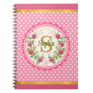 Caderno Espiral Monograma Floral Rosa e Bolinhas Pink Chic