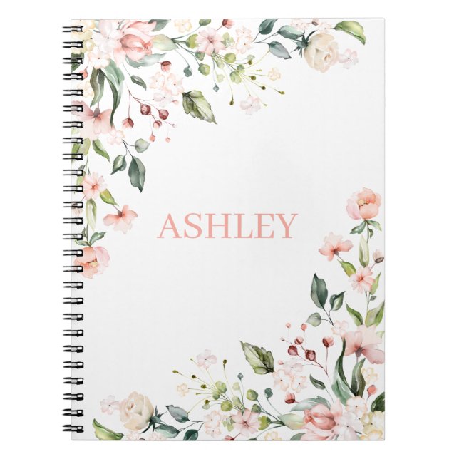 Caderno Espiral Monograma Floral Rosa Nome Personalizado por Aquar (Frente)