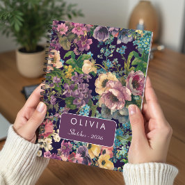 Caderno Espiral Monograma Floral Roxo Vintage Preto