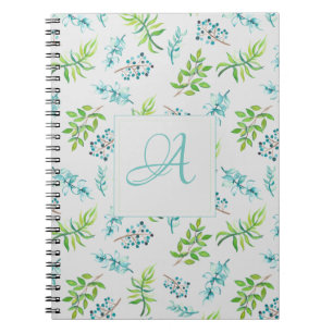 Caderno Espiral Monograma Flores Azuis Decoração Verde de Casament