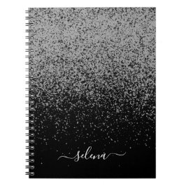 Caderno Espiral Monograma Glitter Prata Preta Feminino