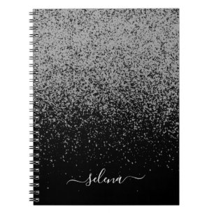 Caderno Espiral Monograma Glitter Prata Preta Feminino