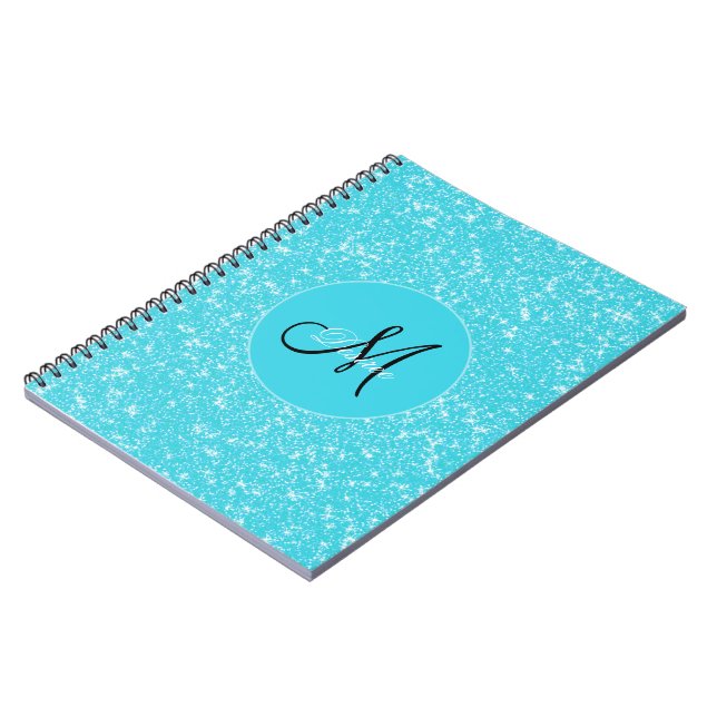 Caderno Espiral Monograma Glitter Sparkle Teal White Girly Elegant (Left Side)