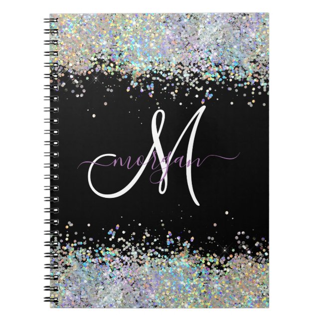 Caderno Espiral Monograma Holográfico Glitter Arco-Íris Pastel (Frente)