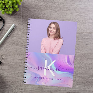 Caderno Espiral Monograma holográfico rosa púrpura de foto persona