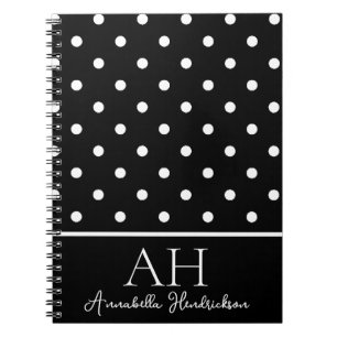 Caderno Espiral Monograma Inicial com Pontos Polka Preto e Branco