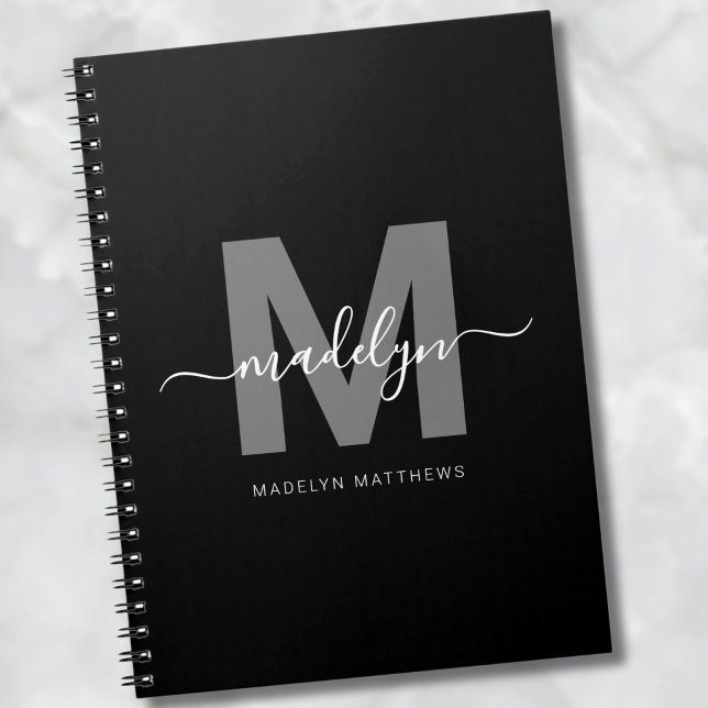 Caderno Espiral Monograma Inicial Preto Branco Profissional (Professional Black White Monogram Initial notebook)