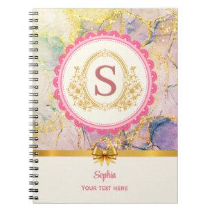 Caderno Espiral Monograma Inicial Rosa Dourado Mármore Pastel Eleg