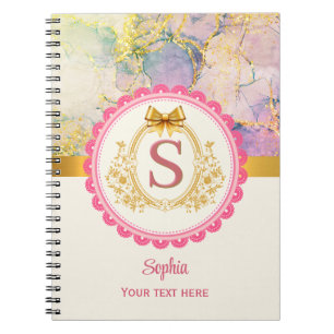 Caderno Espiral Monograma Inicial Rosa Dourado Mármore Pastel Eleg