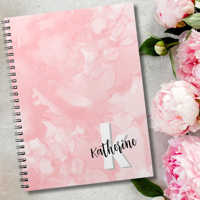 Caderno Espiral Monograma Inicial Rosa Moderno (Modern Pink Watercolor Initial Monogram notebook)
