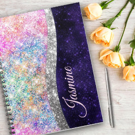 Caderno Espiral monograma iridescente falso brilhante roxo pratead