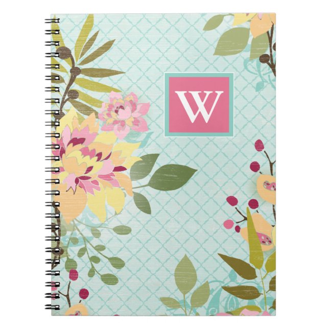Caderno Espiral Monograma | Jardim Floral, Fundo Azul (Frente)