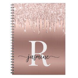 Caderno Espiral Monograma Letra Cursiva Dourado Rosa Metal Brilho 