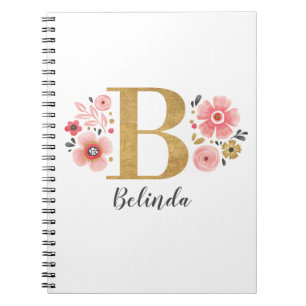 Caderno Espiral Monograma - Letra Dourada rosa B, floral inicial