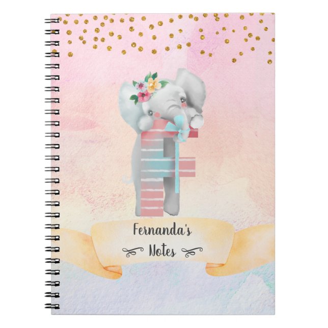 Caderno Espiral Monograma - Letra F Baby Elephant Girl Diary (Frente)