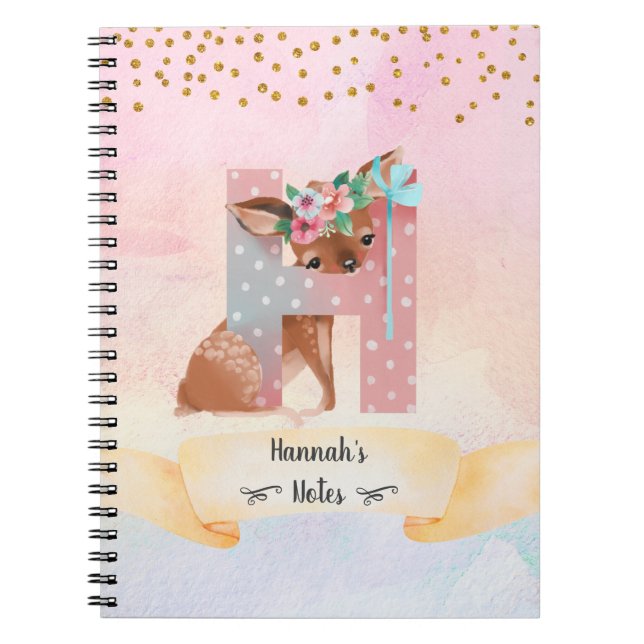 Caderno Espiral Monograma - Letra H Baby Deer Girl Diário (Frente)