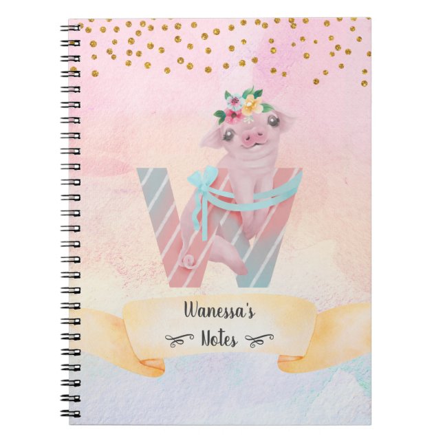 Caderno Espiral Monograma - Letra W Baby Pig Homeschool Girl (Frente)