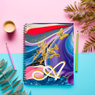 Caderno Espiral Monograma Líquido Abstrato Flor Borboleta Dourada