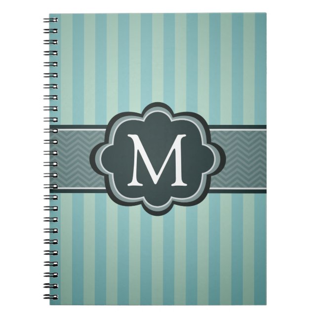 Caderno Espiral Monograma masculino do costume das listras azuis (Frente)